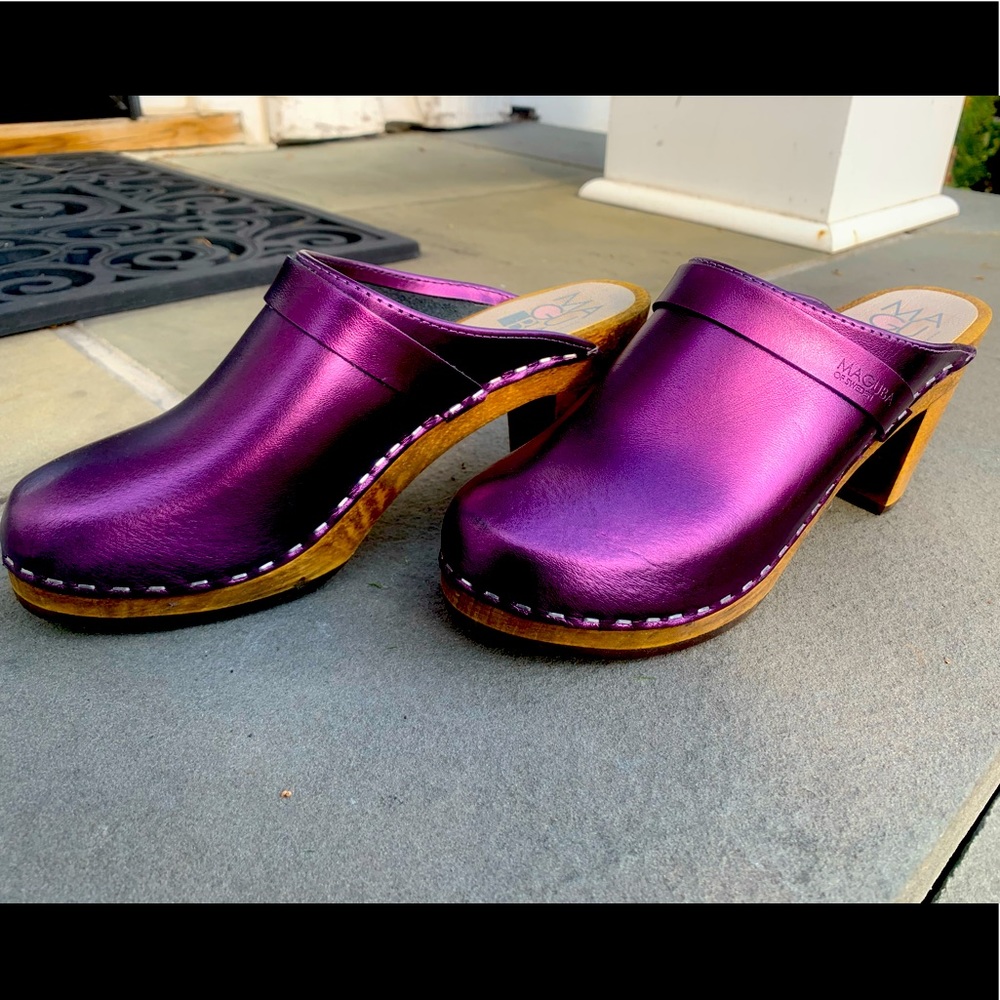 Metallic Purple Clogs by Maguba, made in Sweden, Size 7